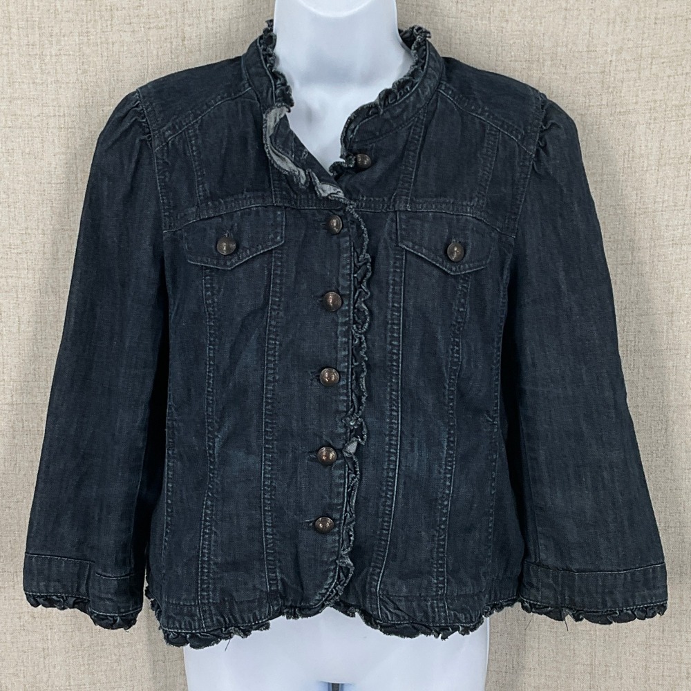 Ann Taylor Loft Denim Jacket Womens 14 Black Cotton Ruffle Trim Boho Classic